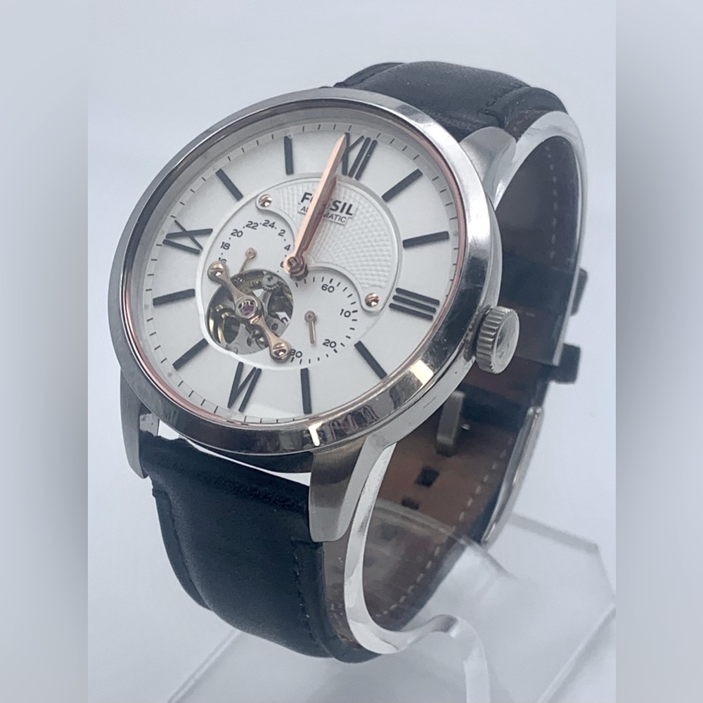Fossil ME3104 men’s automatic stainless skeleton watch with black leather strap